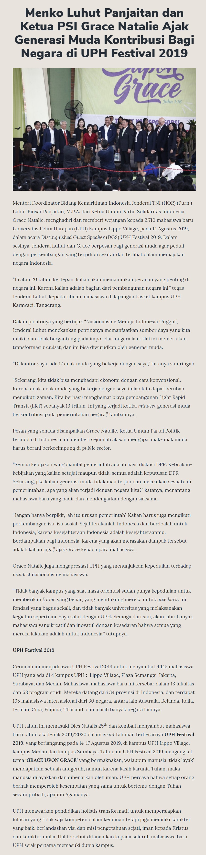 Menko Luhut Panjaitan dan Ketua PSI Grace Natalie Ajak Generasi Muda Kontribusi Bagi Negara di UPH Festival 2019