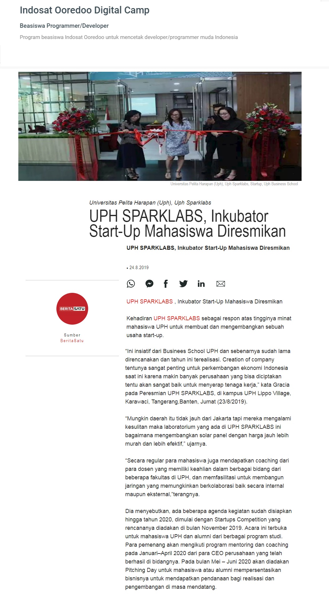 UPH SPARKLABS, Inkubator Start-Up Mahasiswa Diresmikan