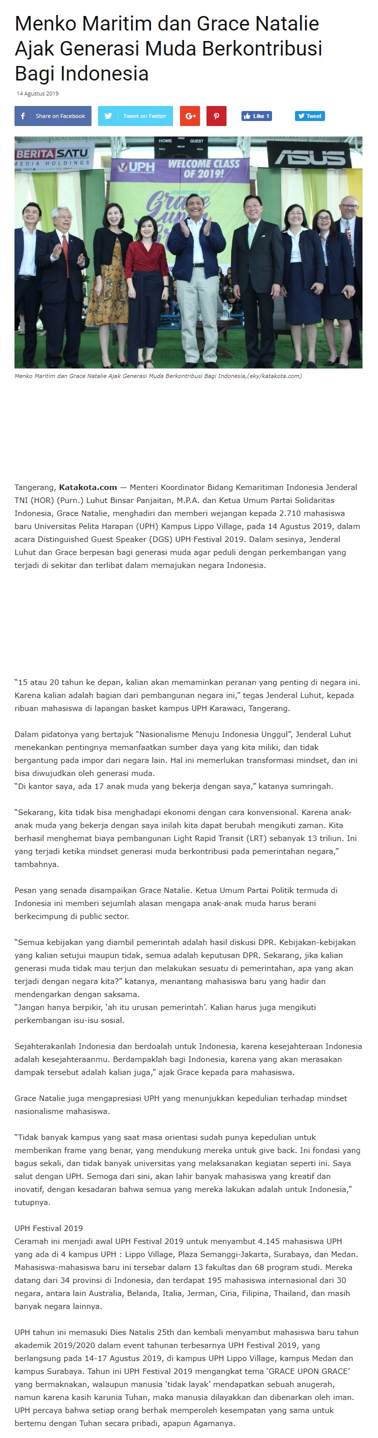 Menko Maritim dan Grace Natalie Ajak Generasi Muda Berkontribusi Bagi Indonesia