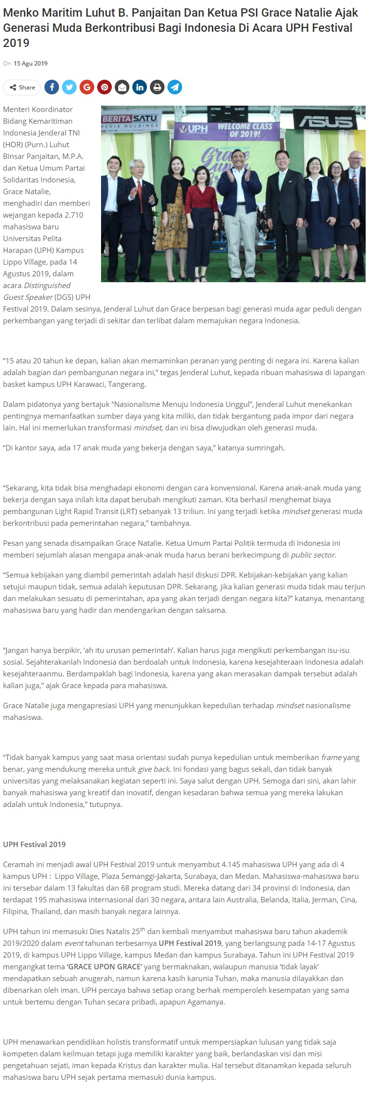 Menko Maritim Luhut B. Panjaitan Dan Ketua PSI Grace Natalie Ajak Generasi Muda Berkontribusi Bagi Indonesia Di Acara UPH Festival 2019