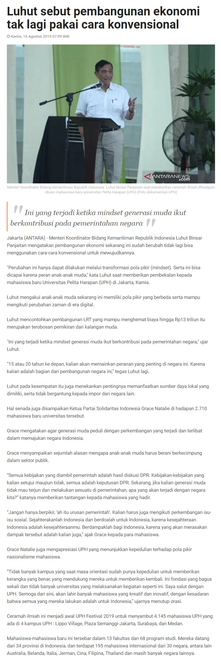 Luhut sebut pembangunan ekonomi tak lagi pakai cara konvensional