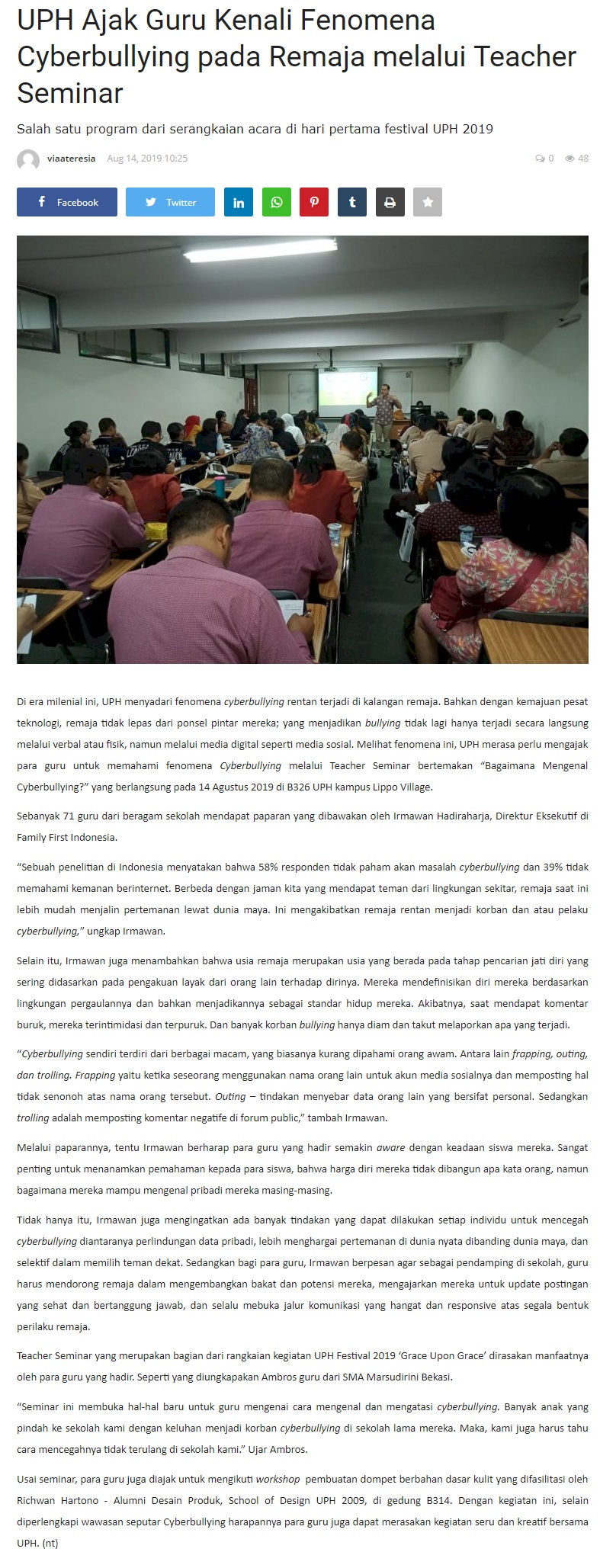 UPH Ajak Guru Kenali Fenomena Cyberbullying pada Remaja melalui Teacher Seminar