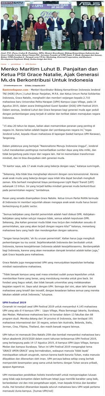 Menko Maritim Luhut B. Panjaitan dan Ketua PSI Grace Natalie, Ajak Generasi Muda Berkontribusi Untuk Indonesia
