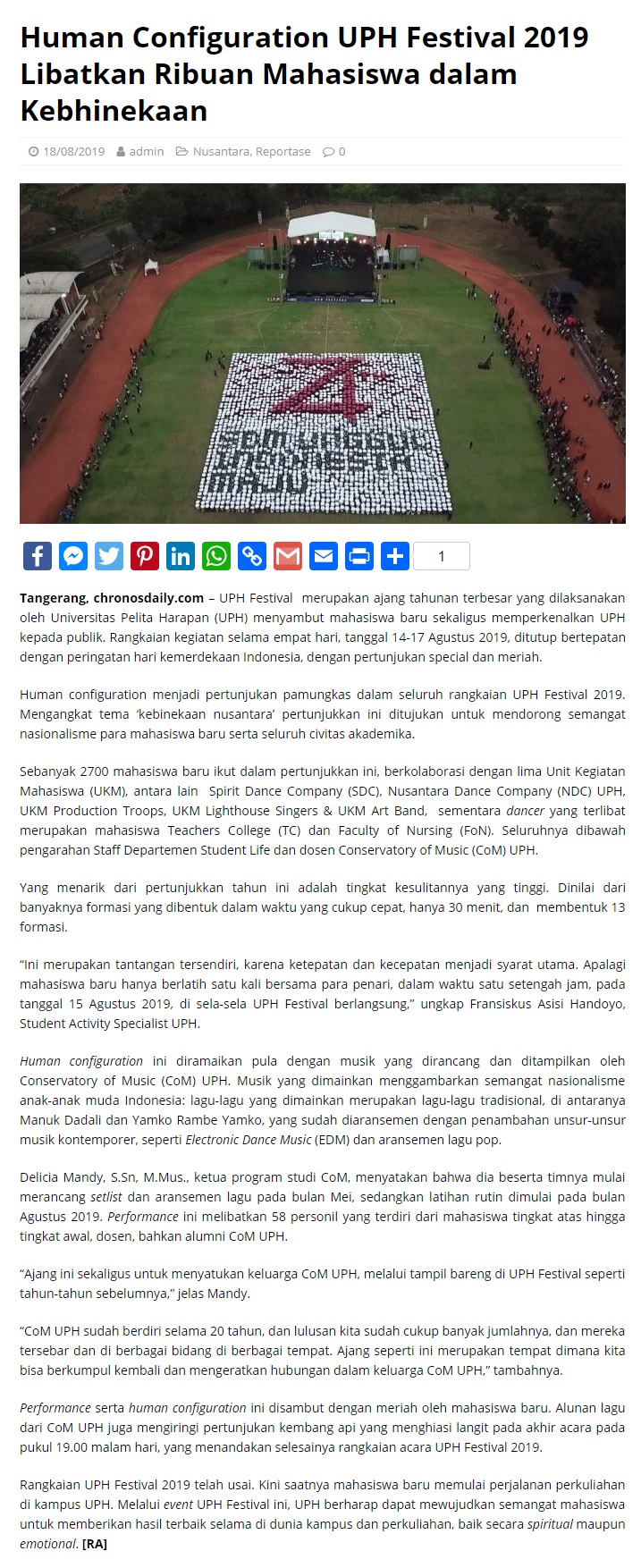 Human Configuration UPH Festival 2019 Libatkan Ribuan Mahasiswa dalam Kebhinekaan