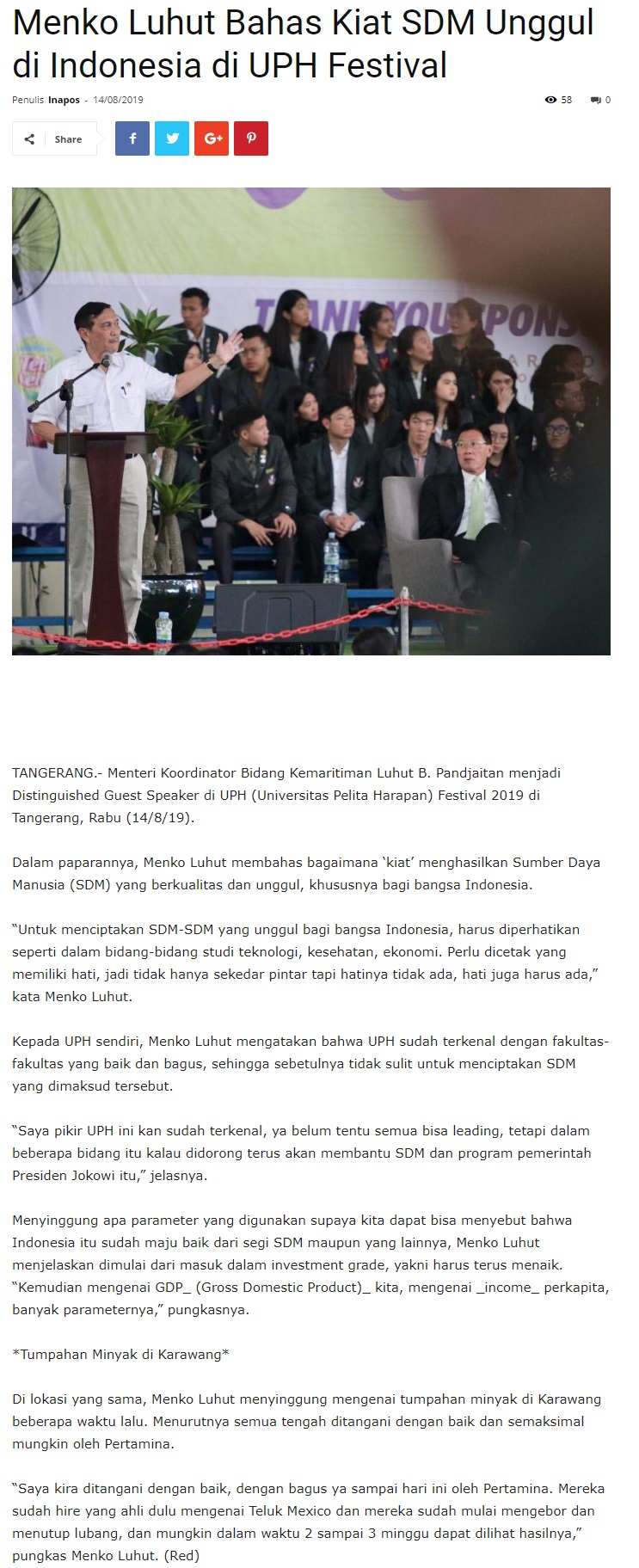 Menko Luhut Bahas Kiat SDM Unggul di Indonesia di UPH Festival