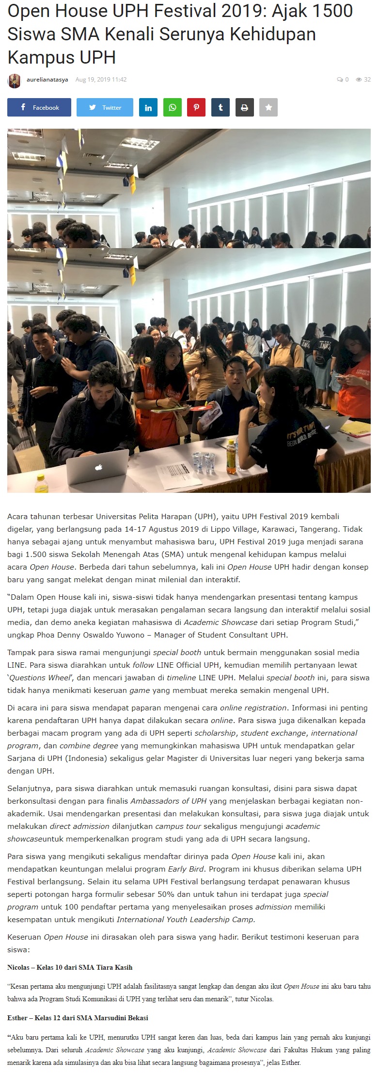Open House UPH Festival 2019: Ajak 1500 Siswa SMA Kenali Serunya Kehidupan Kampus UPH