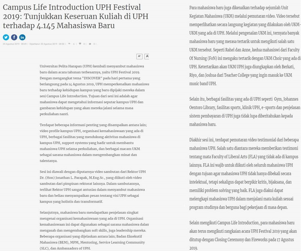 Campus Life Introduction UPH Festival 2019: Tunjukkan Keseruan Kuliah di UPH terhadap 4.145 Mahasiswa Baru
