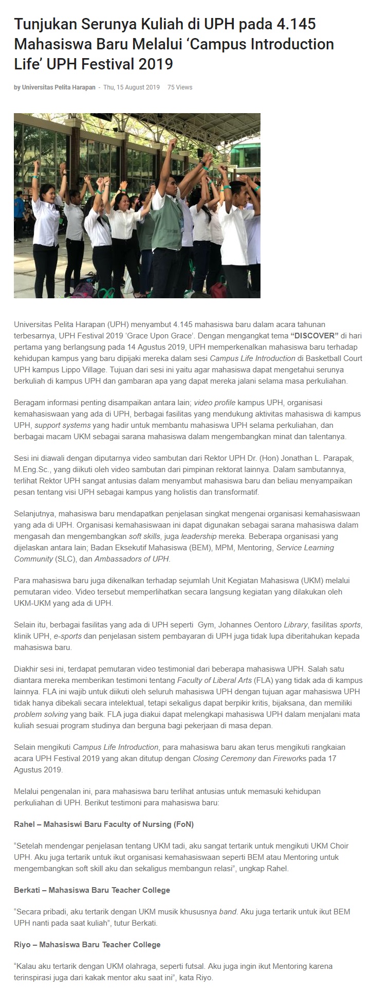 Tunjukan Serunya Kuliah di UPH pada 4.145 Mahasiswa Baru Melalui 'Campus Introduction Life' UPH ...