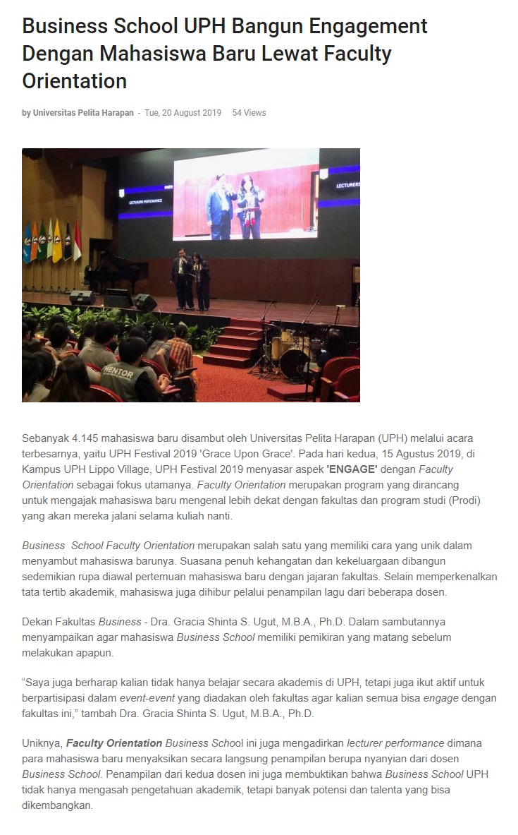 Business School UPH Bangun Engagement Dengan Mahasiswa Baru Lewat Faculty Orientation