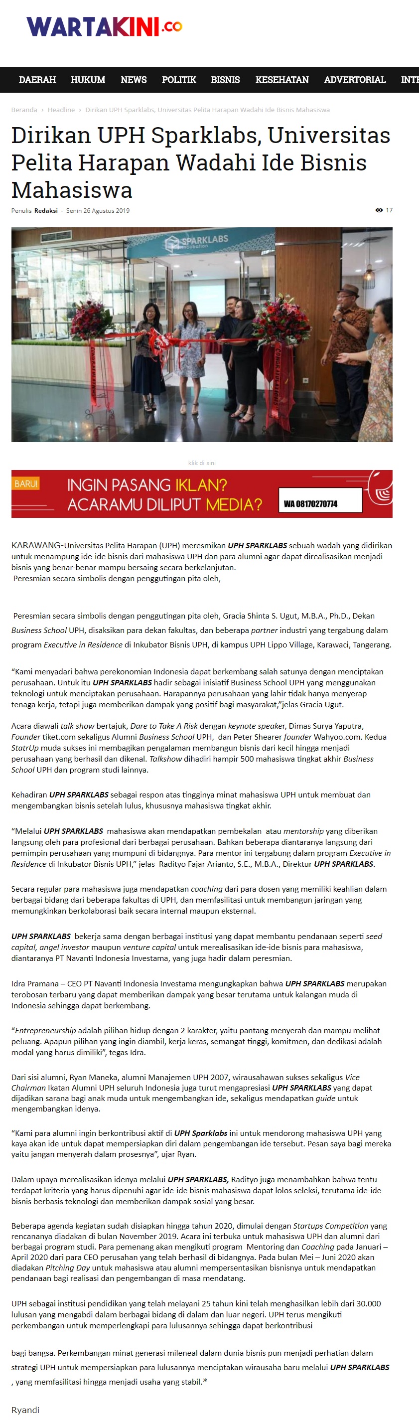 Dirikan UPH Sparklabs, Universitas Pelita Harapan Wadahi Ide Bisnis Mahasiswa