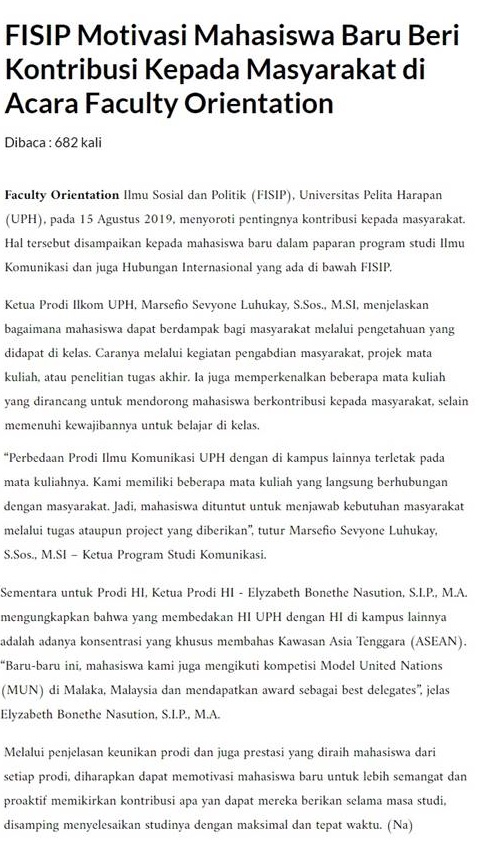 FISIP Motivasi Mahasiswa Baru Beri Kontribusi Kepada Masyarakat di Acara Faculty Orientation