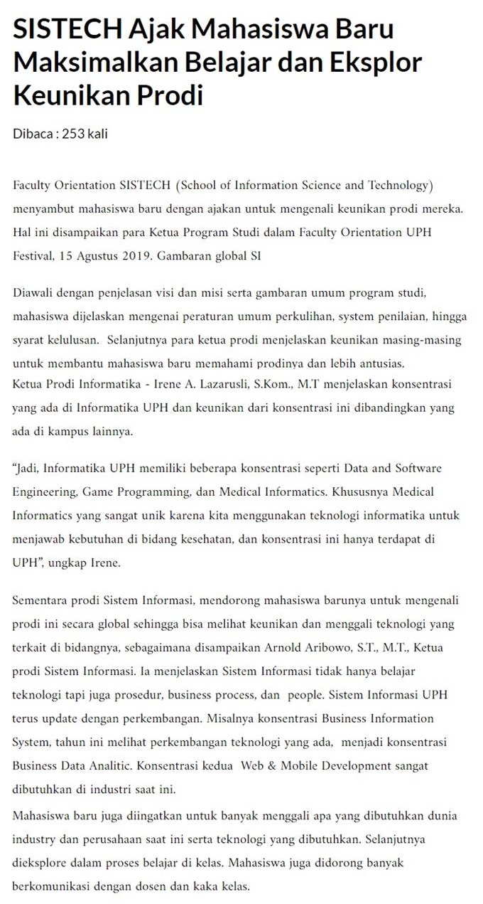 SISTECH Ajak Mahasiswa Baru Maksimalkan Belajar dan Eksplor Keunikan Prodi