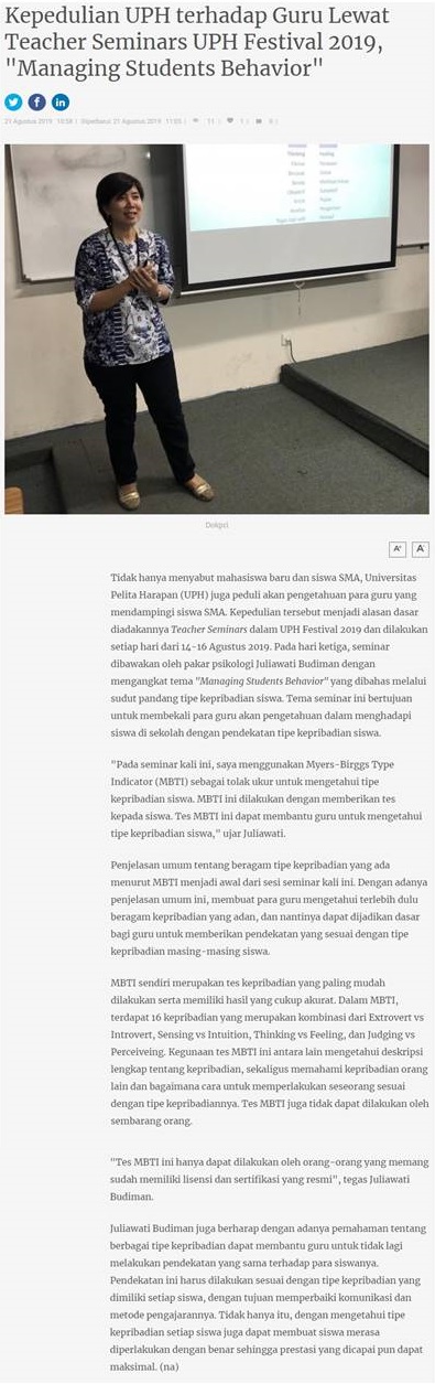 Kepedulian UPH terhadap Guru Lewat Teacher Seminars UPH Festival 2019, “Managing Students Behavior”