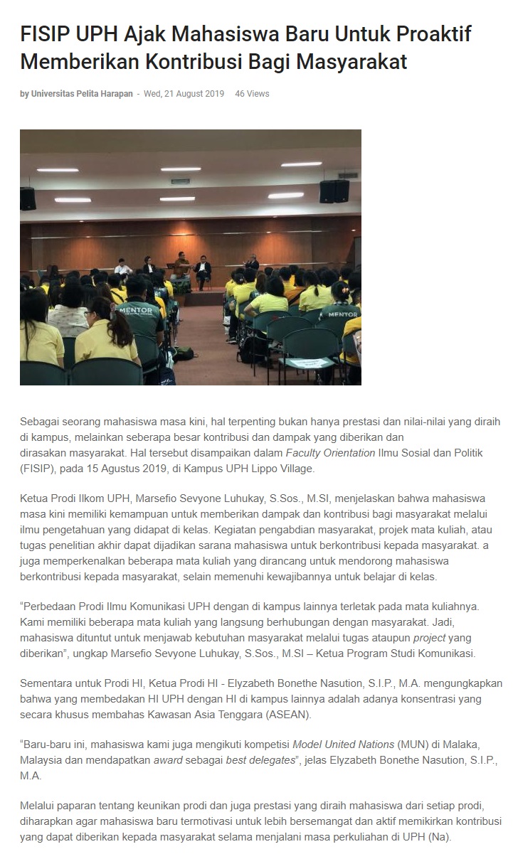 FISIP UPH Ajak Mahasiswa Baru Untuk Proaktif Memberikan Kontribusi Bagi Masyarakat