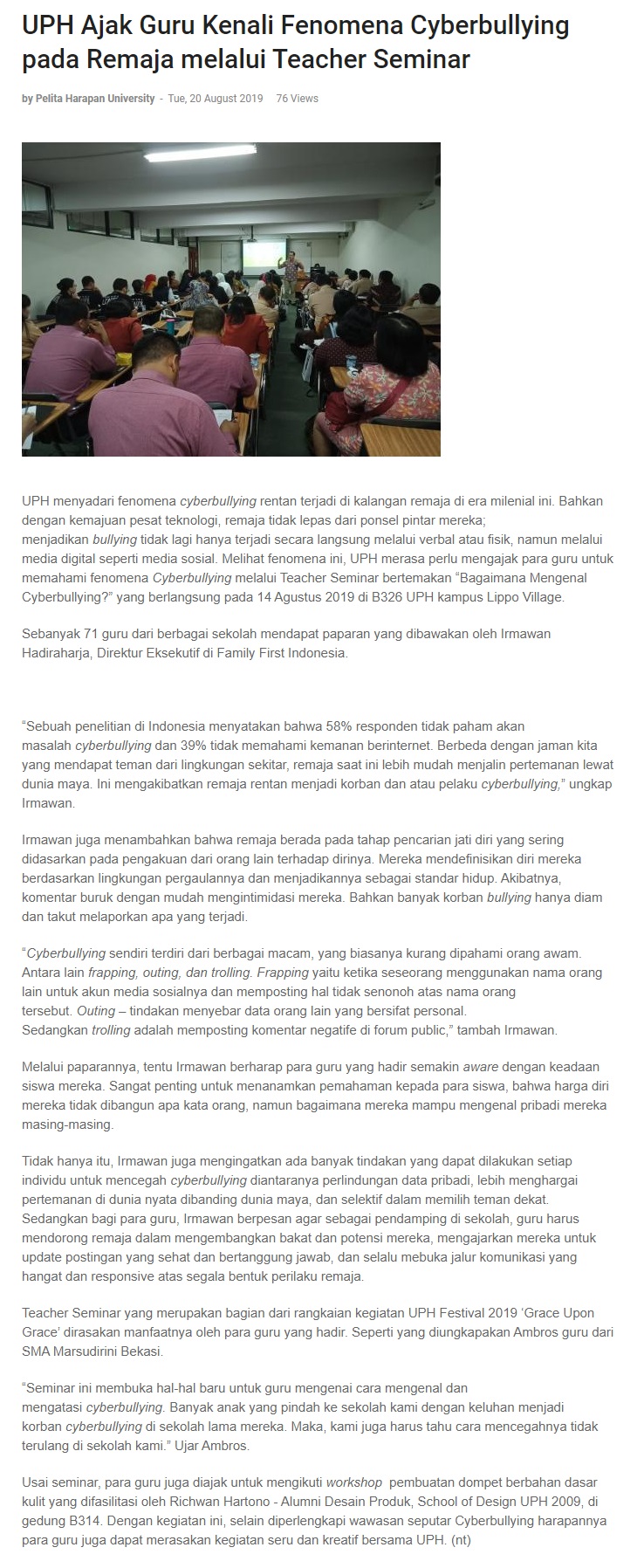 UPH Ajak Guru Kenali Fenomena Cyberbullying pada Remaja melalui Teacher Seminar