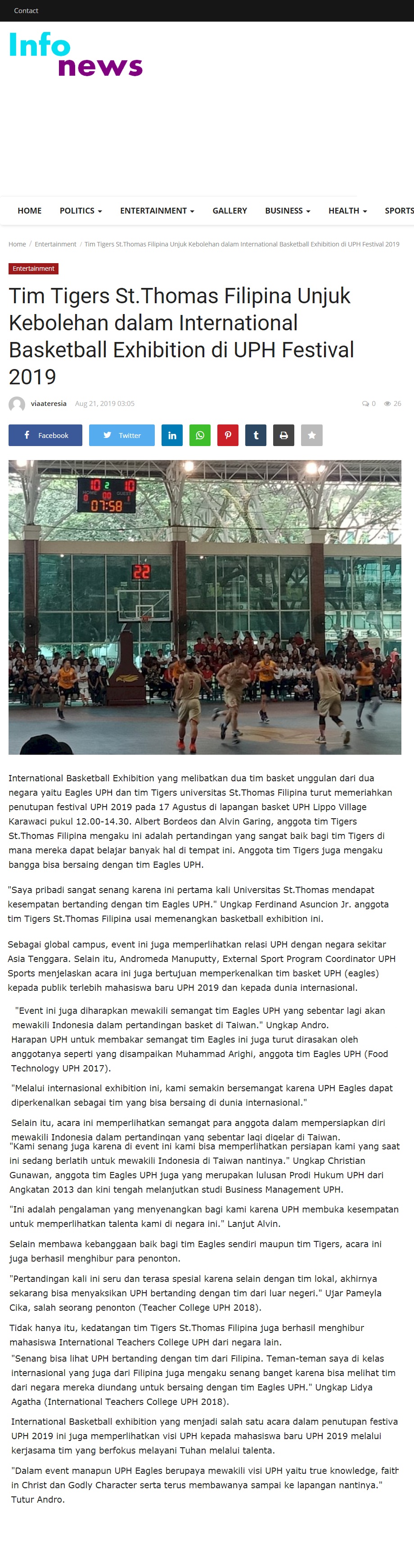 UPH Eagles kepada Publik Melalui International Basketball Exhibition