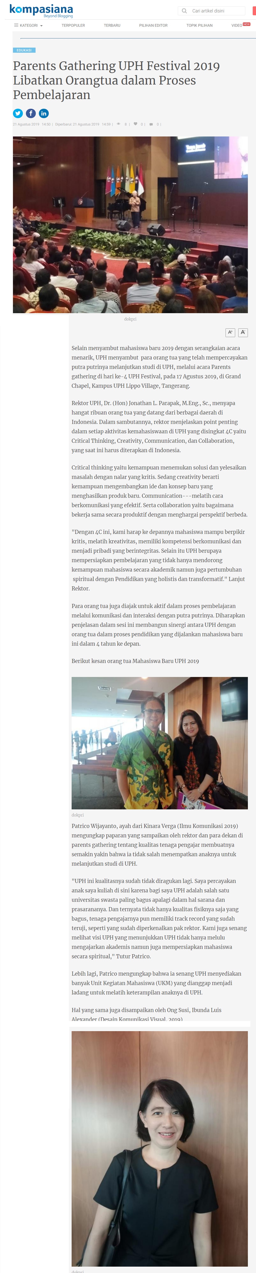 Parents Gathering UPH 2019 Libatkan Orang Tua dalam Proses Pembelajaran