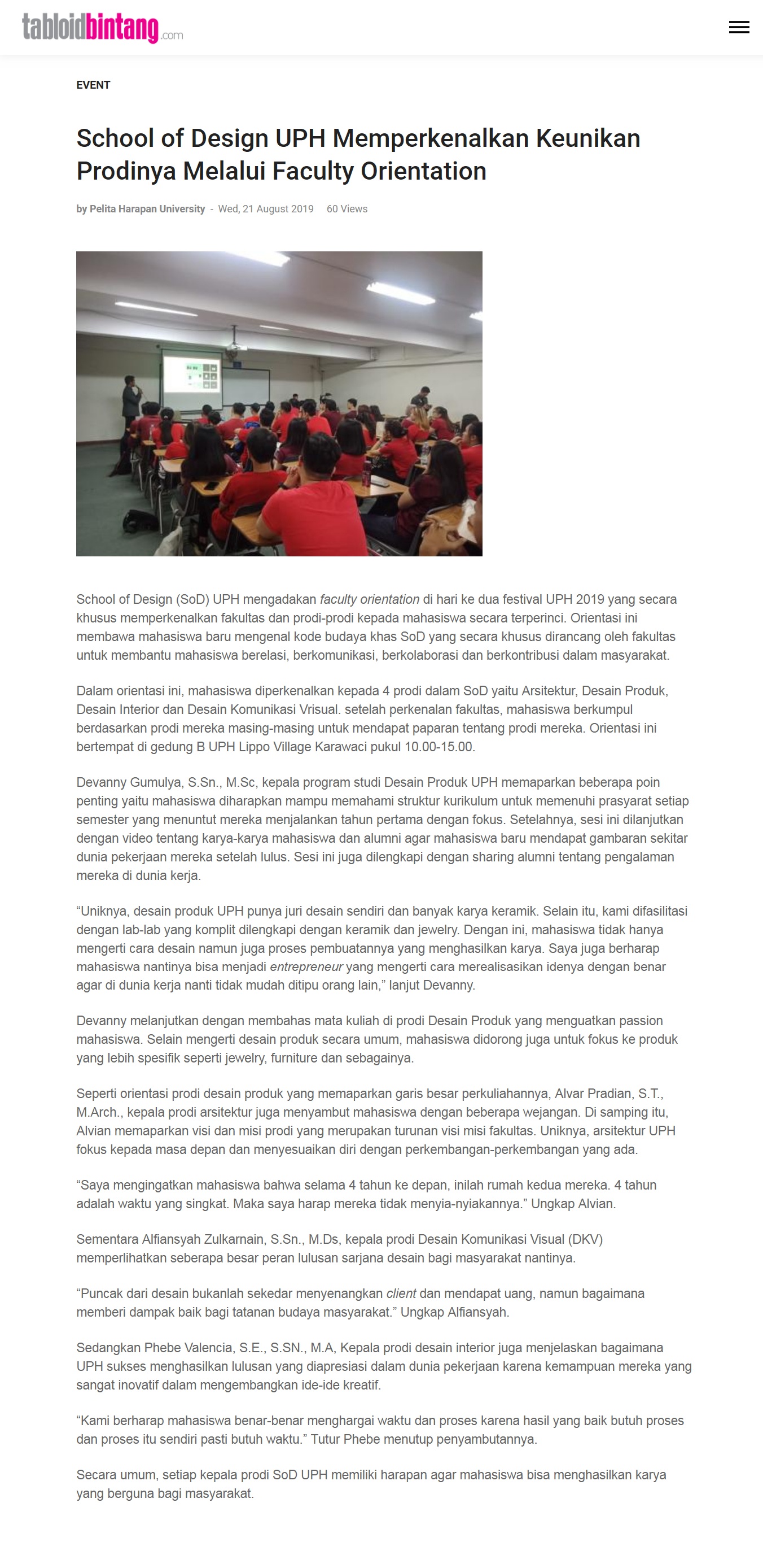 School of Design UPH Memperkenalkan Keunikan Prodinya Melalui Faculty Orientation