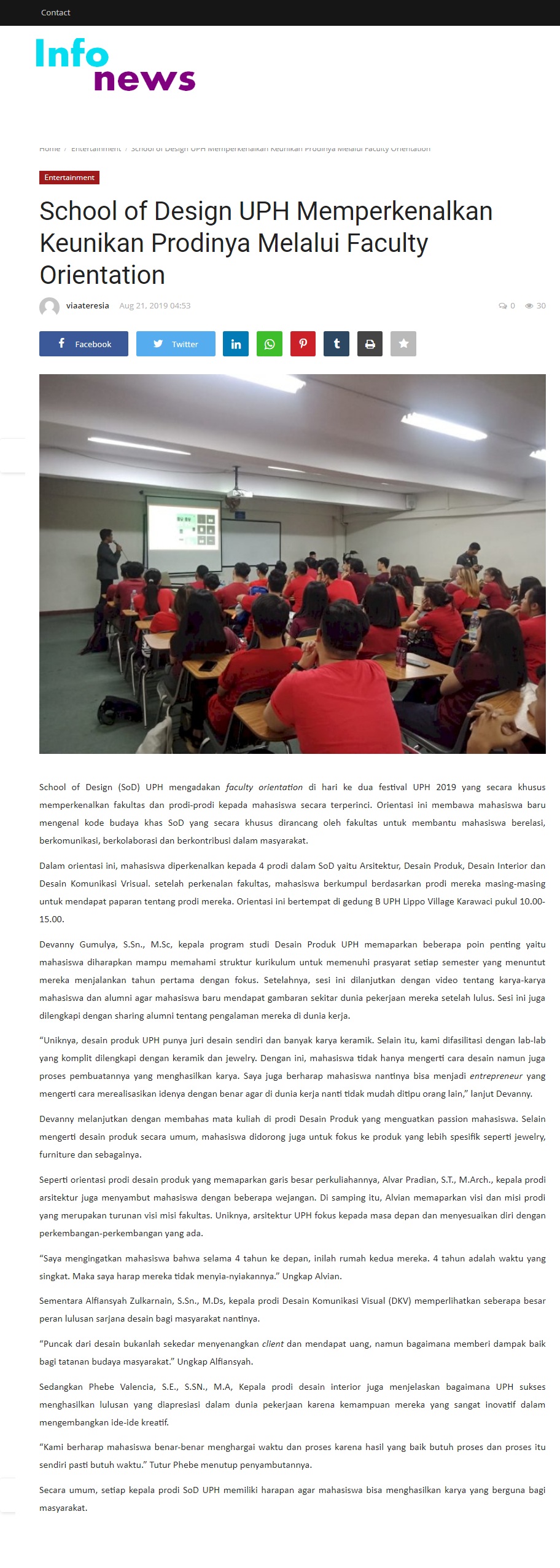 School of Design UPH Memperkenalkan Keunikan Prodinya Melalui Faculty Orientation