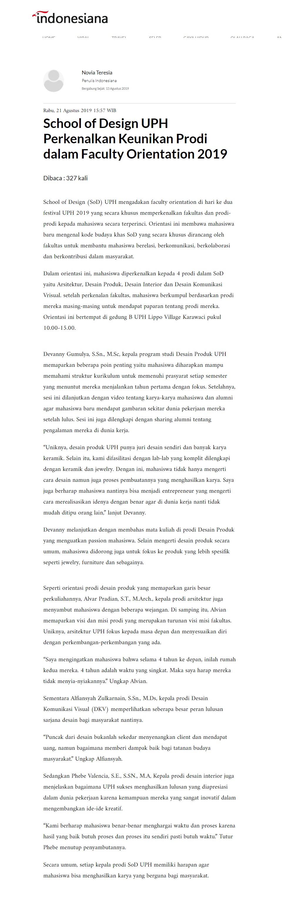 School of Design UPH Perkenalkan Keunikan Prodi dalam Faculty Orientation 2019
