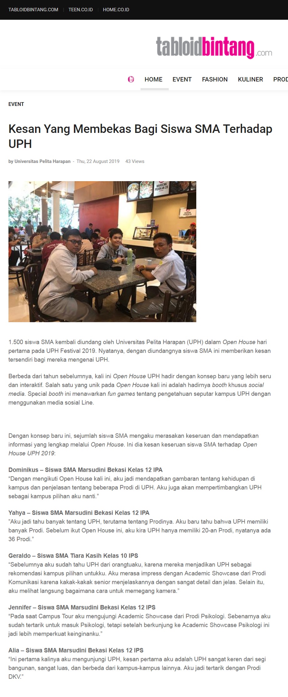 Kesan Yang Membekas Bagi Siswa SMA Terhadap UPH