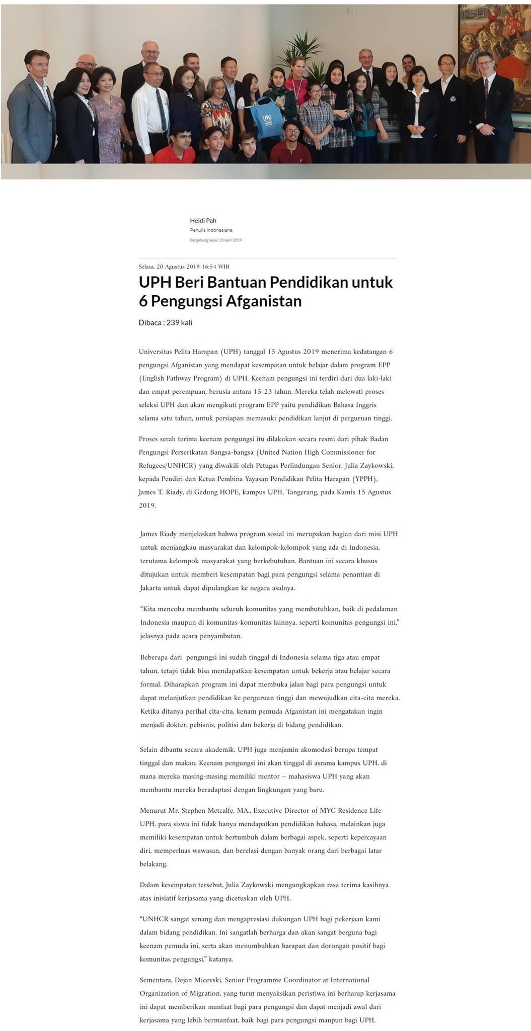 UPH Beri Bantuan Pendidikan untuk 6 Pengungsi Afganistan