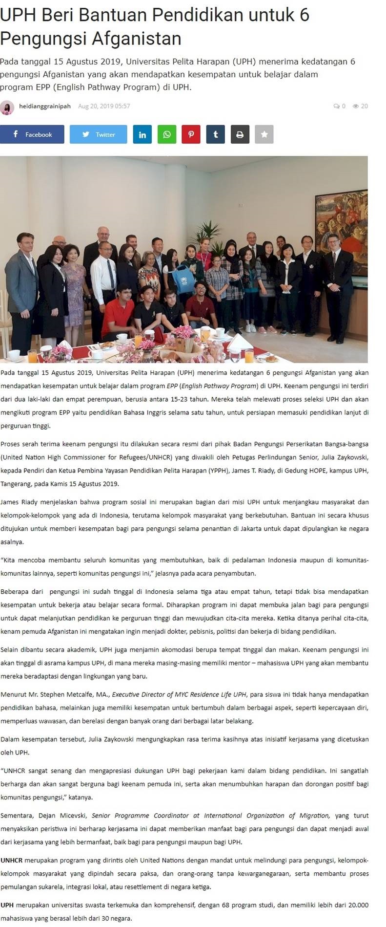 UPH Beri Bantuan Pendidikan untuk 6 Pengungsi Afganistan