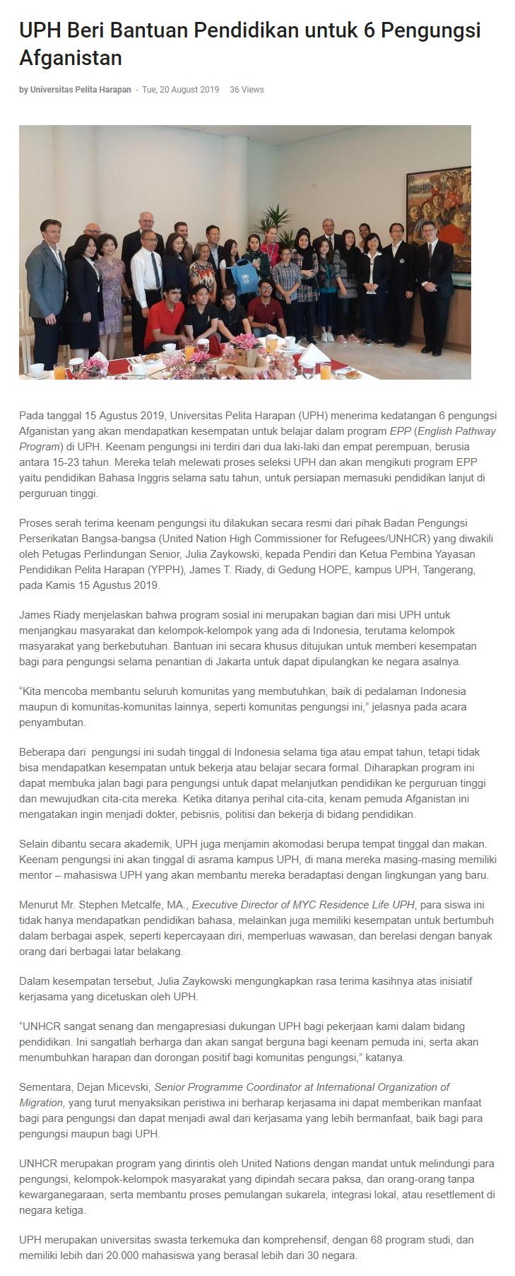 UPH Beri Bantuan Pendidikan untuk 6 Pengungsi Afganistan