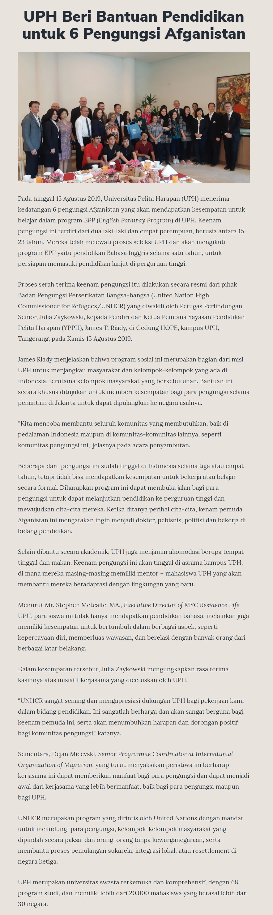 UPH Beri Bantuan Pendidikan untuk 6 Pengungsi Afganistan