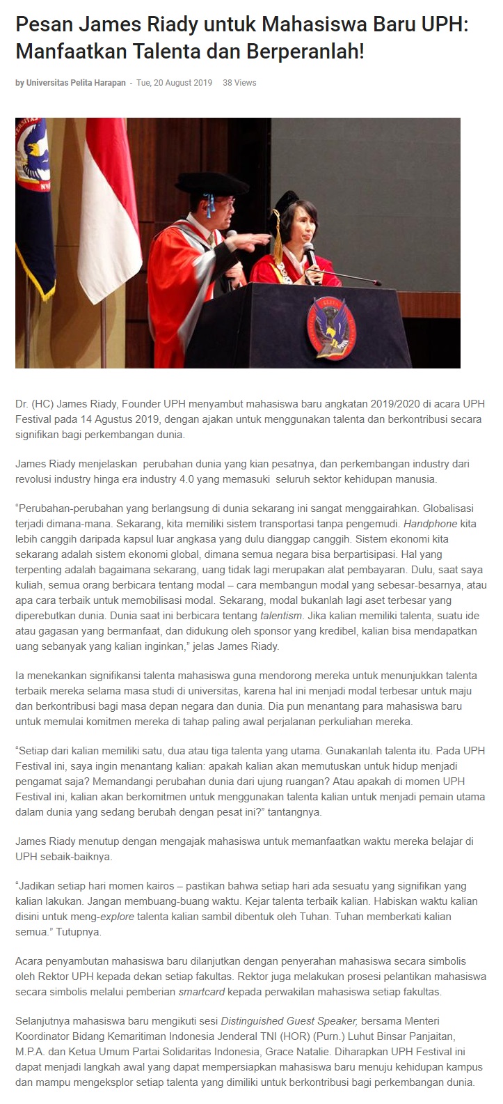 Pesan James Riady untuk Mahasiswa Baru UPH: Manfaatkan Talenta dan Berperanlah!