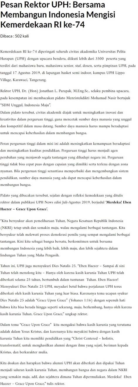 Pesan Rektor UPH: Bersama Membangun Indonesia Mengisi Kemerdekaan RI ke-74