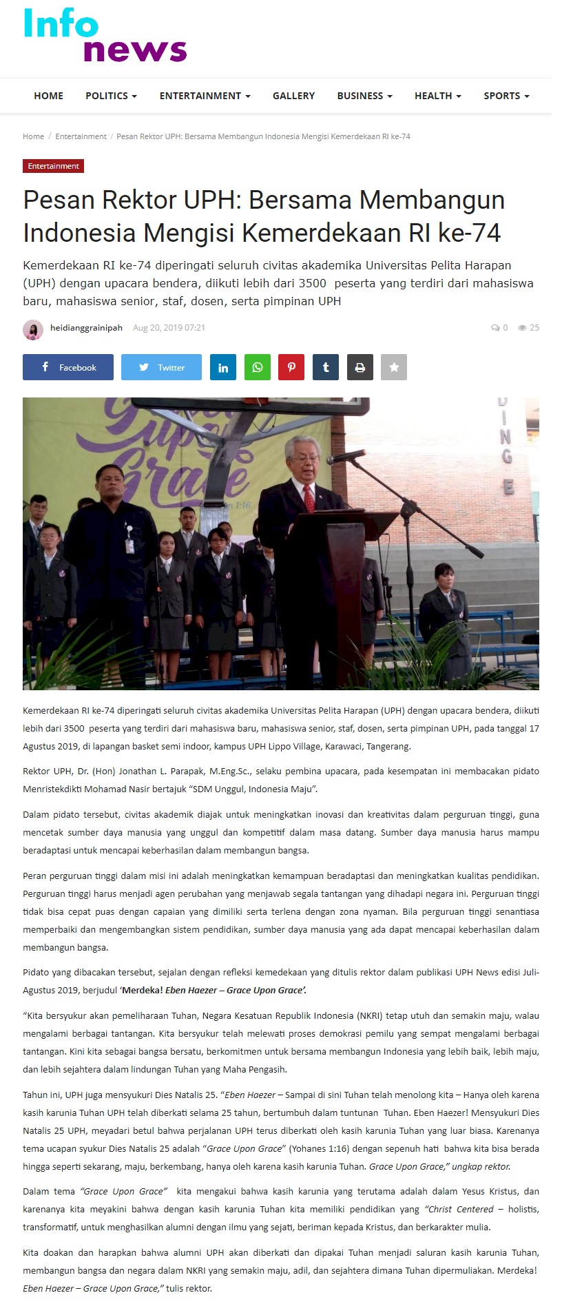 Pesan Rektor UPH: Bersama Membangun Indonesia Mengisi Kemerdekaan RI ke-74