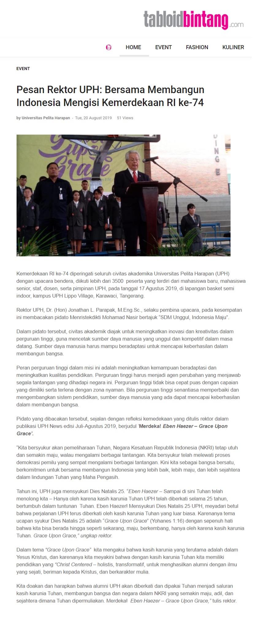 Pesan Rektor UPH: Bersama Membangun Indonesia Mengisi Kemerdekaan RI ke-74