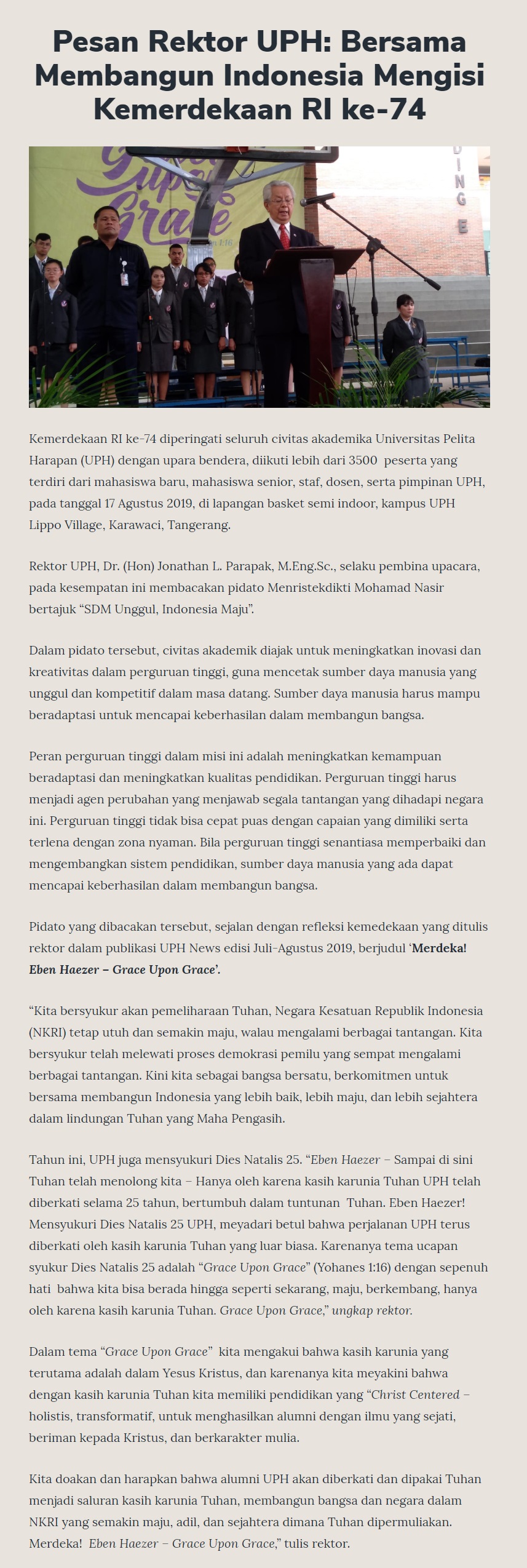 Pesan Rektor UPH: Bersama Membangun Indonesia Mengisi Kemerdekaan RI ke-74