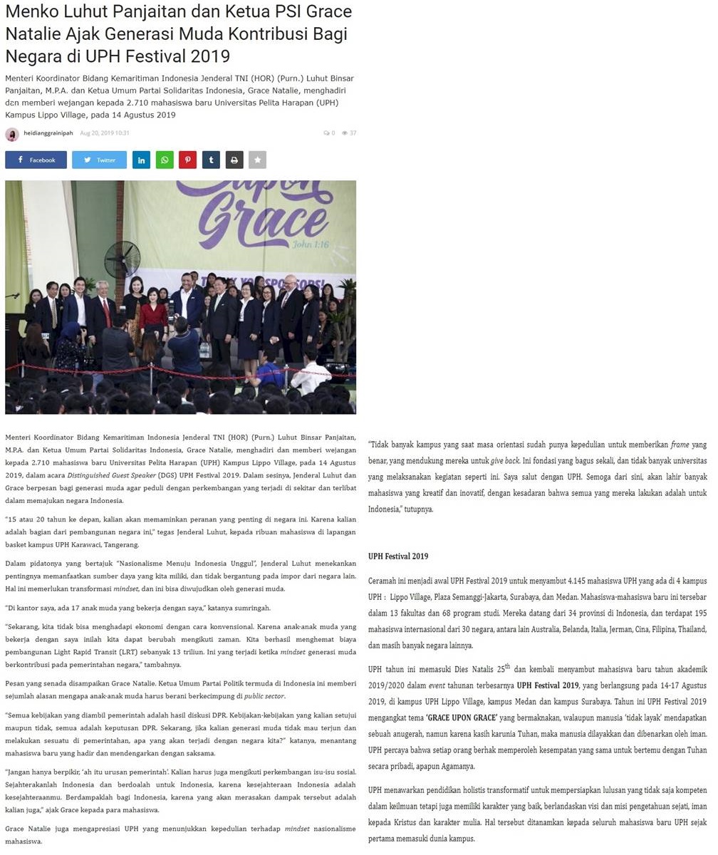 Menko Luhut Panjaitan dan Ketua PSI Grace Natalie Ajak Generasi Muda Kontribusi Bagi Negara di UPH Festival 2019