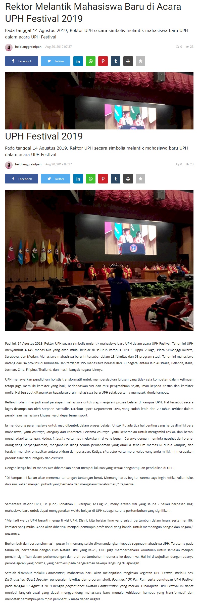 Rektor Melantik Mahasiswa Baru di Acara UPH Festival 2019