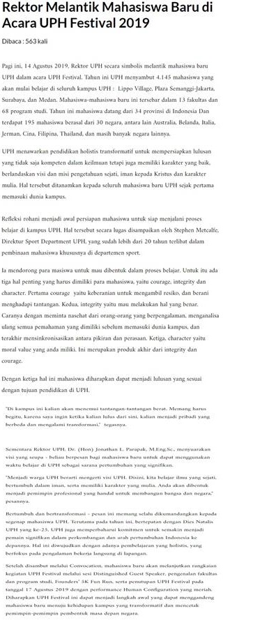 Rektor Melantik Mahasiswa Baru di Acara UPH Festival 2019