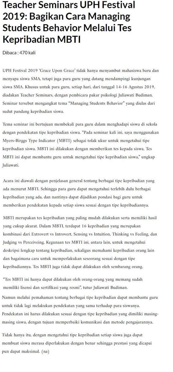 Teacher Seminars UPH Festival 2019: Bagikan Cara Managing Students Behavior Melalui Tes Kepribadian MBTI