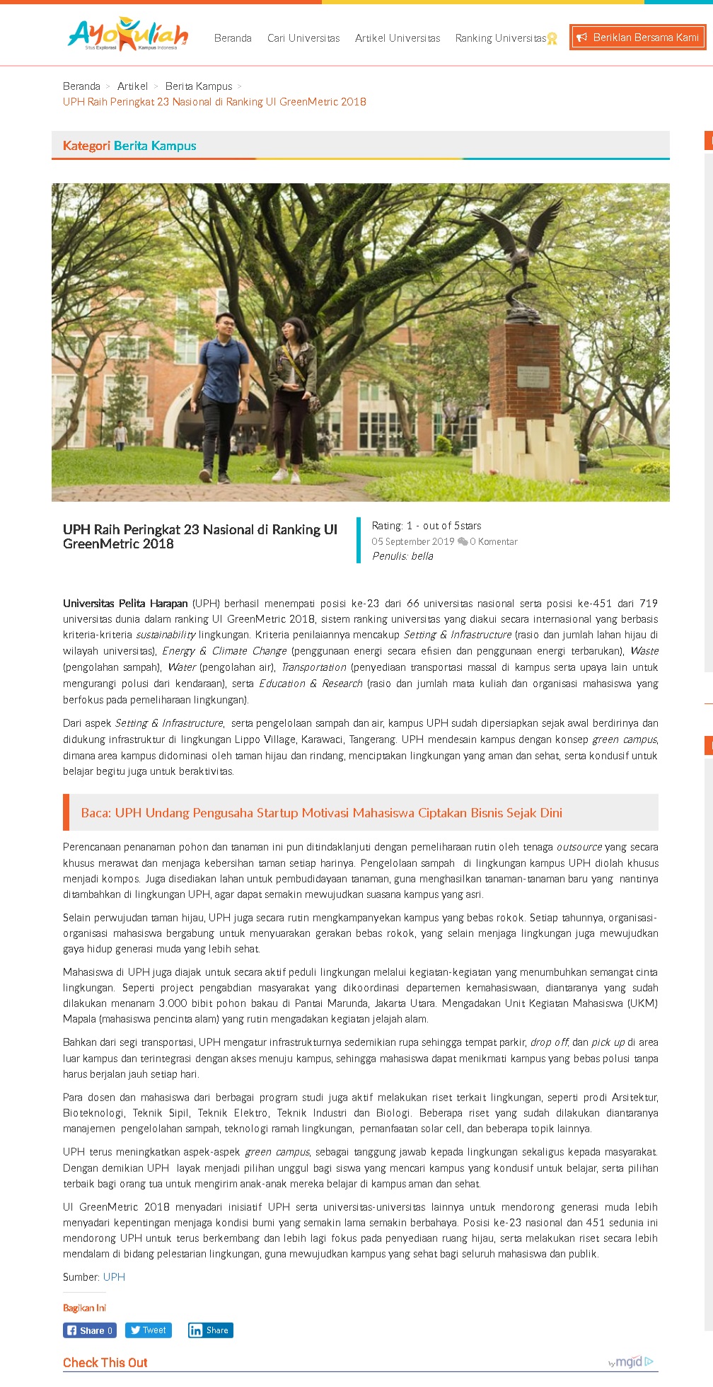 UPH Raih Peringkat 23 Nasional di Ranking UI GreenMetric 2018