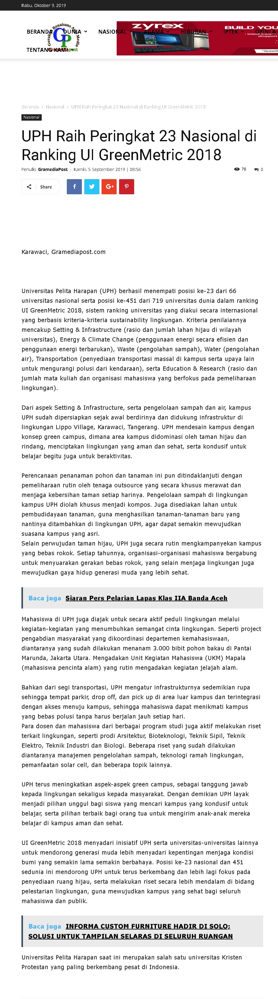 UPH Raih Peringkat 23 Nasional di Ranking UI GreenMetric 2018