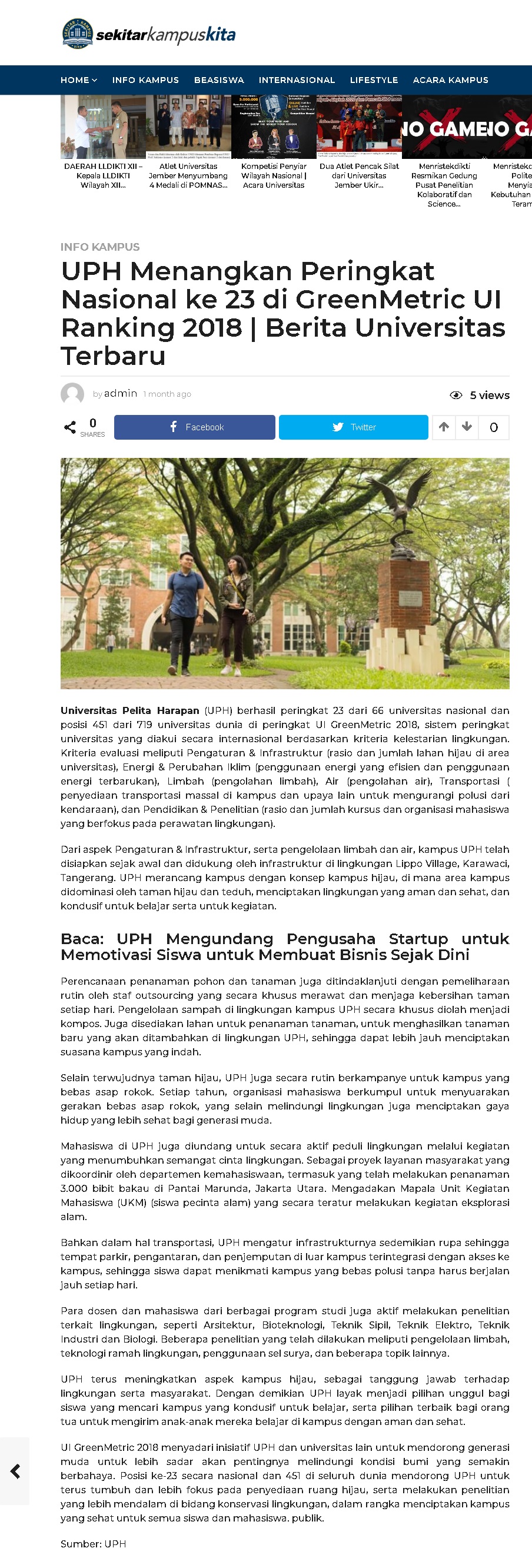 UPH Menangkan Peringkat Nasional ke 23 di GreenMetric UI Ranking 2018 | Berita Universitas Terbaru