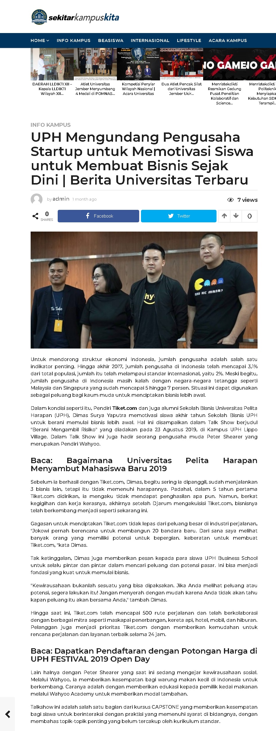 UPH Mengundang Pengusaha Startup untuk Memotivasi Siswa untuk Membuat Bisnis Sejak Dini | Berita Universitas Terbaru