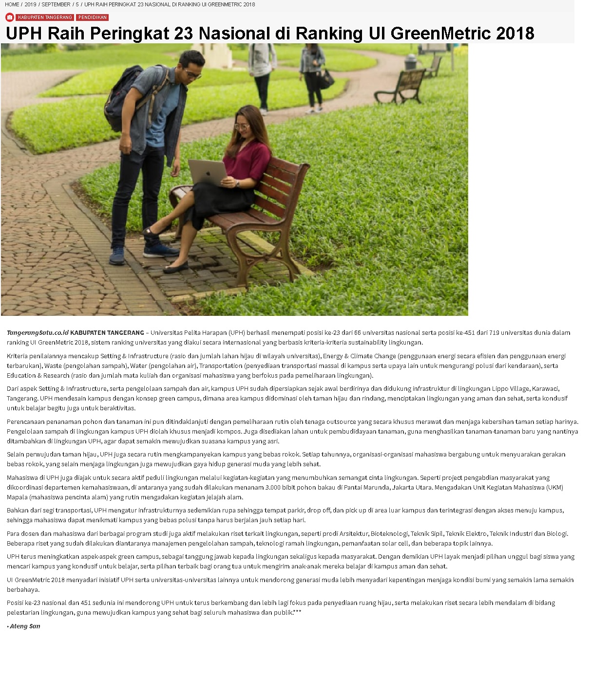 UPH Raih Peringkat 23 Nasional di Ranking UI GreenMetric 2018