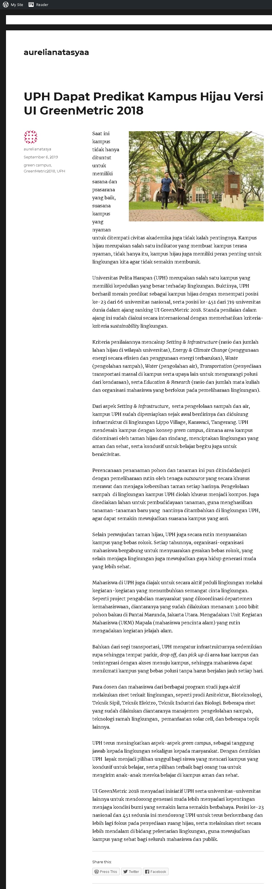 UPH Dapat Predikat Kampus Hijau Versi UI GreenMetric 2018